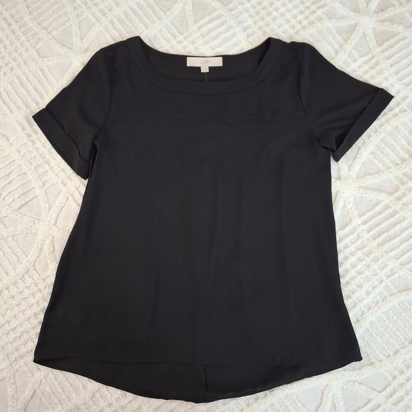 LOFT Tops - LOFT Women's Small Black Short Sleeve Cuffed Crew Neck Chiffon Blouse Top NWT